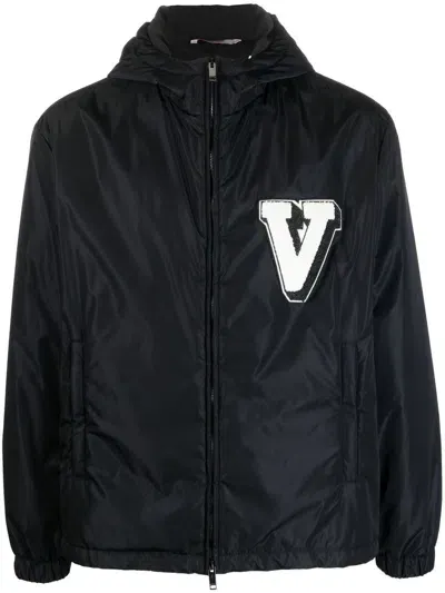 Valentino Logo-patch Hooded Jacket In Blue