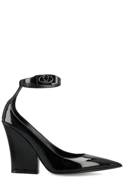 Valentino Garavani Vlogo Lockette Leather Ankle Strap Pumps In Black