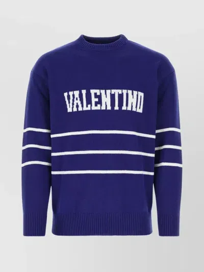 Valentino Loose Fit Wool Sweater With Striped Embroidery In Royal Blue