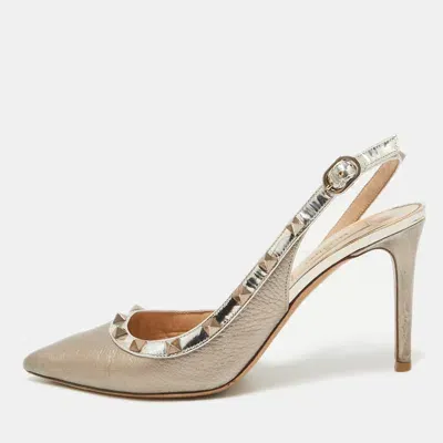 Pre-owned Valentino Garavani Metallic Beige Patent And Leather Rockstud Slingback Pumps Size 38