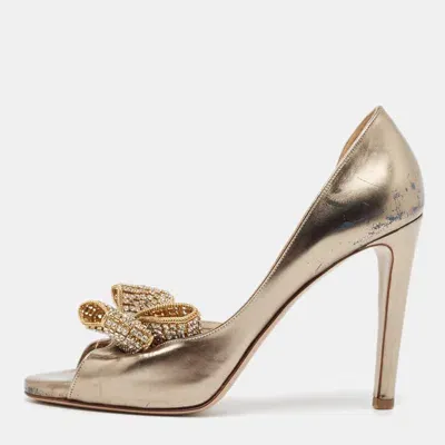 Pre-owned Valentino Garavani Metallic Leather Crystal Embellished Bow D'orsay Pumps Size 37.5