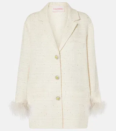 Valentino Mossi Feather-trimmed Tweed Jacket In Weiss