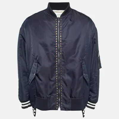 Pre-owned Valentino Navy Blue Rockstud Untitled Navy Blue Bomber Jacket L