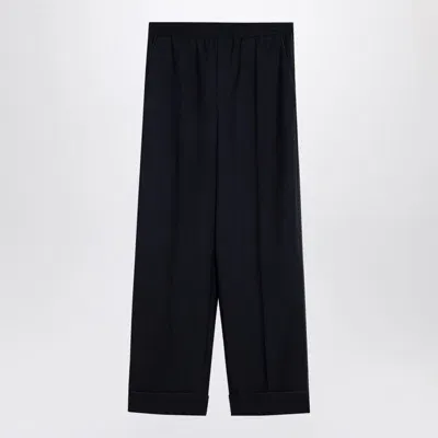 Valentino Navy Wool Blend Wide Trousers In Blue