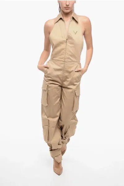 Valentino Open-back Cargo Jumpsuit With Applicated Logo In Brown