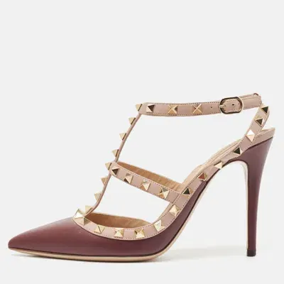 Pre-owned Valentino Garavani Plum/dusty Pink Leather Rockstud Ankle Strap Pumps Size 40 In Purple