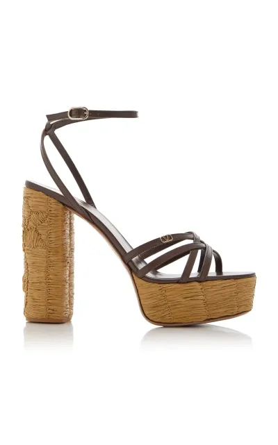 Valentino Garavani Raflower Raffia Platform Sandals In Brown