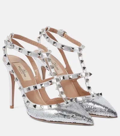 Valentino Garavani Rockstud 100 Sequined Pumps In Silver