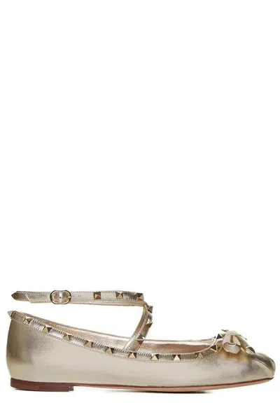 Valentino Garavani Rockstud Leather Ballerina Shoes In Silver