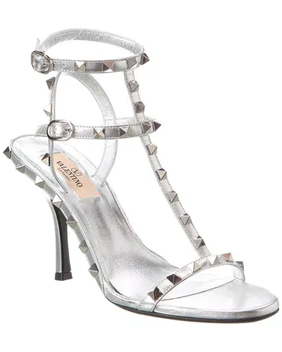 Valentino Garavani Valentino Rockstud Caged 100 Leather Ankle Strap Pump In Silver