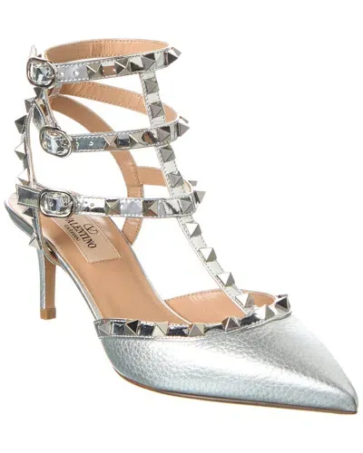 Valentino Garavani Rockstud Metallic Leather Slingback Pumps In Silver