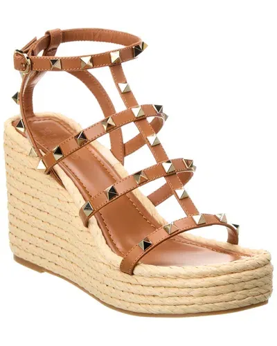 Valentino Garavani Rockstud Caged 95 Leather Wedge Sandal In Brown