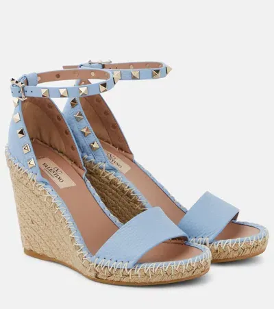 Valentino Garavani Rockstud Double Leather Espadrille Wedges In Blue