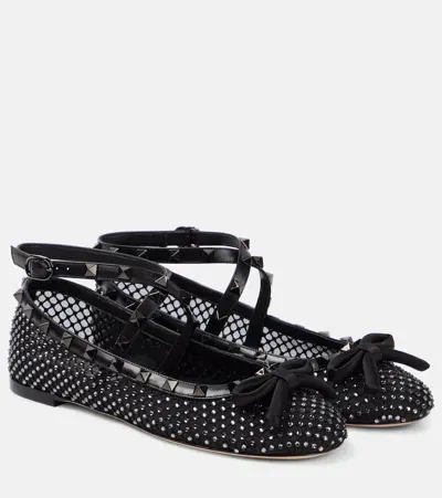 Valentino Garavani Black Leather And Mesh Rockstud Ballerinas In Blackdiamondnero