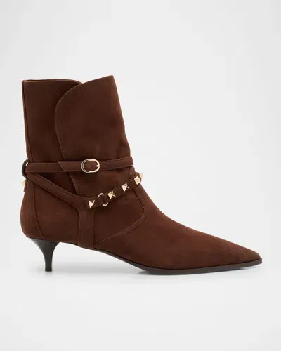 Valentino Garavani Rockstud Harness Suede Ankle Booties In Fondant