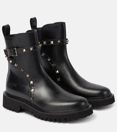 Valentino Garavani Rockstud Leather Combat Boots In Black