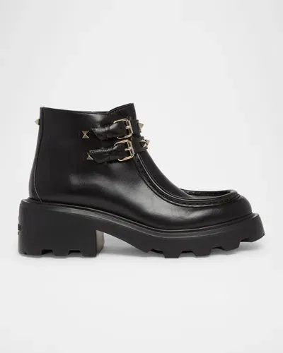 Valentino Garavani Rockstud Leather Dual-buckle Ankle Boots In Nero