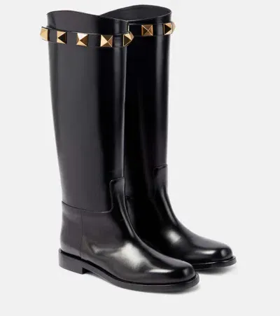 Valentino Garavani Roman Stud Leather Knee-high Boots In Black