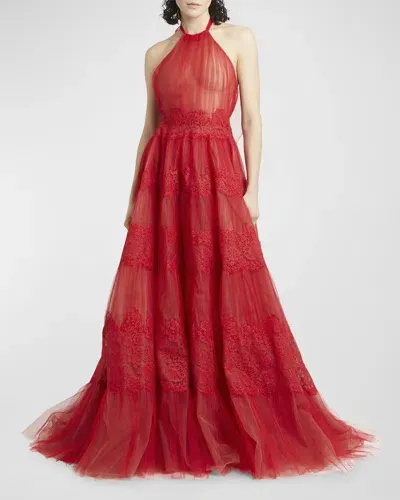 Valentino Sheer Tulle Lace Panel Halter Backless Gown In Red