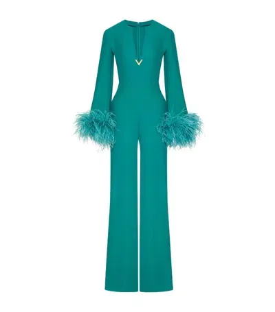 Valentino Silk Feather-trim Jumpsuit In Green