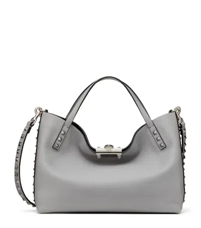 Valentino Garavani Small Leather Rockstud Tote Bag In Grey