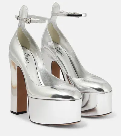 Valentino Garavani Tan-go 155 Metallic Leather Platform Pumps In Silver