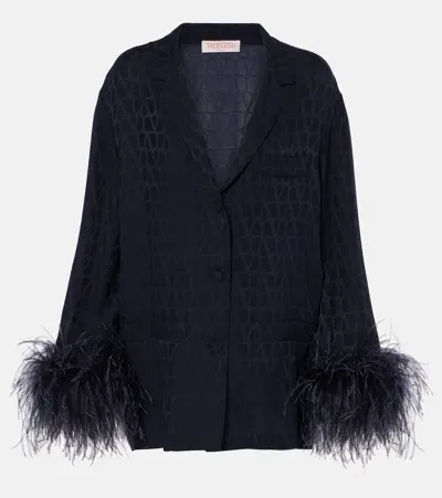 Valentino Toile Iconographe Feather-trimmed Silk Shirt In Blue