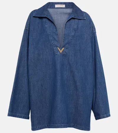 Valentino Vgold Logo Plaque Cut-out Denim Top In Blue