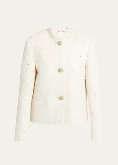 Valentino Tweed Sequined Boxy Jacket In Beige