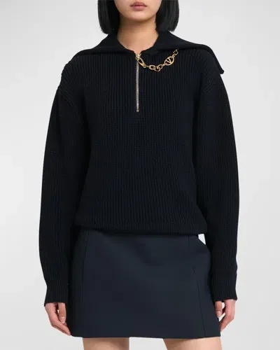 Valentino V-logo Chain Quarter-zip Rib Sweater In Navy