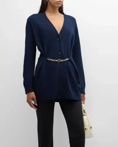 Valentino V-logo Chain Wool Cardigan In Navy