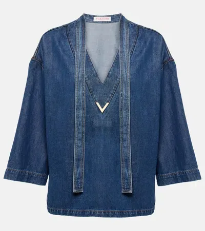 Valentino V-plaque Denim Blouse In 蓝色