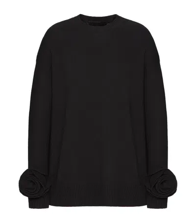 Valentino Virgin Wool Appliqué Flower Sweater In Black