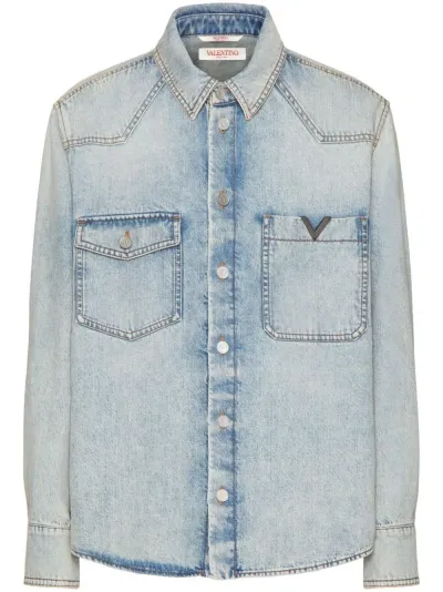 Valentino Denim Shirt With V Detail Men In Blue