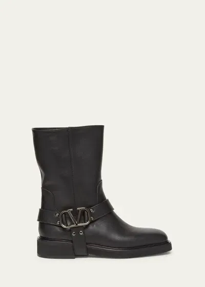 Valentino Garavani Vlogo Leather Harness Biker Boots In Nero