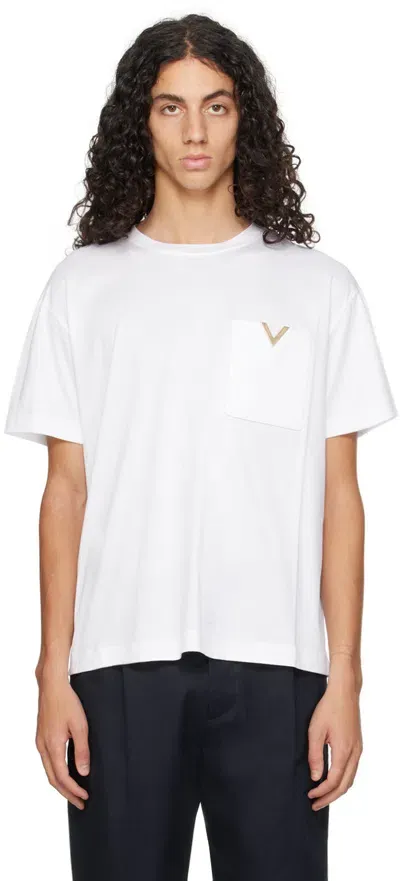 Valentino White Metallic V Detail T-shirt In 0bo Bianco