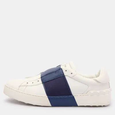 Pre-owned Valentino Garavani White/blue Leather Rockstud Slip On Sneakers Size 38.5