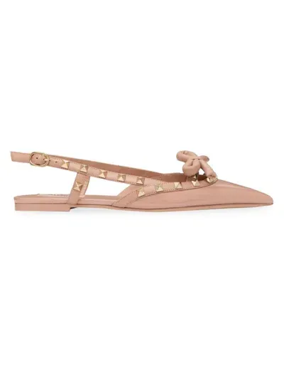 Valentino Garavani Rockstud Bow Slingback Ballerina Shoes In Beige