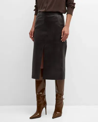 Vanessa Bruno Dayna Front-slit Leather Midi Skirt In Ebene