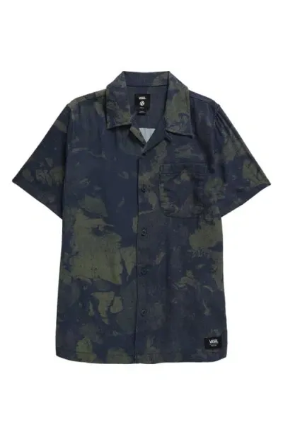 Vans Kids' Abstract Print Short Sleeve Camp Shirt In Dress Blues/dark Forest