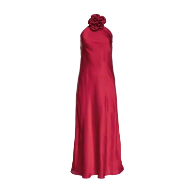 Vasiliki Belle Halter Neck Silky Dress With Crystallised Floral Corsage In Red