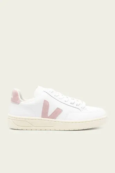 Veja V-12 Leather Sneaker In White Babe