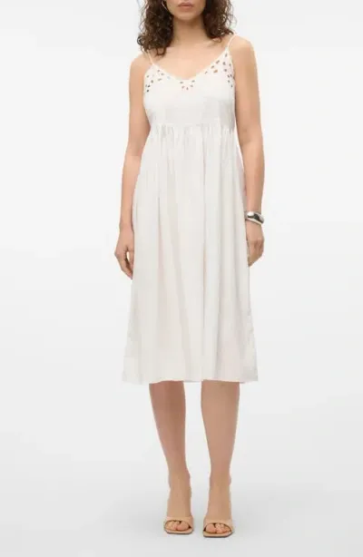 Vero Moda Vera Eyelet Detail Cotton Blend Dress In Snow White