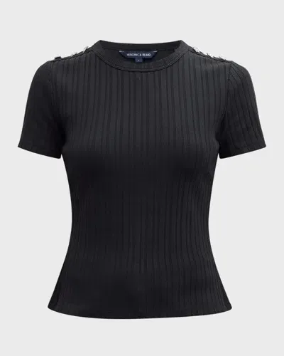 Veronica Beard Draya Short-sleeve Rhinestone Button Tee In Black