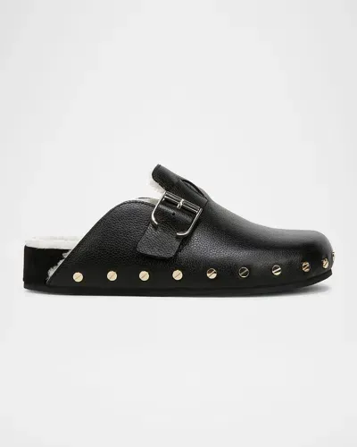 Veronica Beard Fern Leather Shearling Rivets Clogs In Black