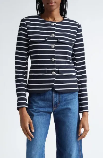 Veronica Beard Kensington Stripe Knit Jacket In Navy/white