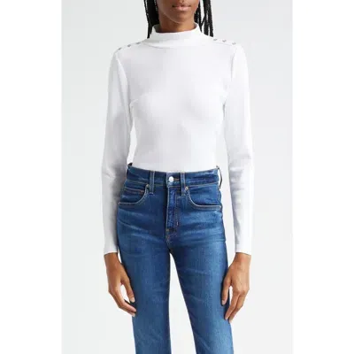 Veronica Beard Nate Shoulder Button Mock Neck Rib Top In White