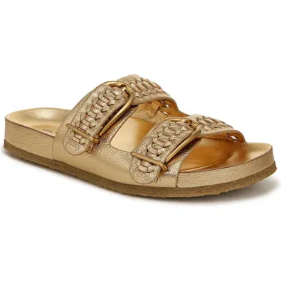 Veronica Beard Paige Woven Metallic Dual-buckle Slide Sandals In Gold