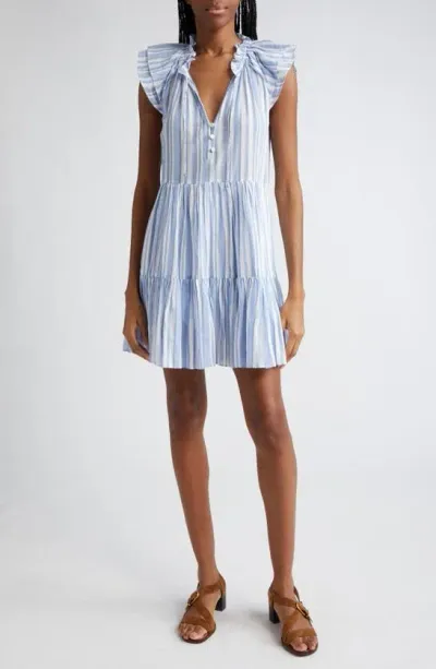 Veronica Beard Zee Stripe Tiered Minidress In Blue Multi