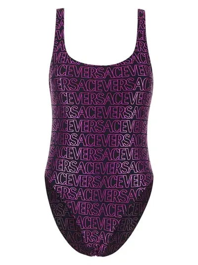 Versace All-over Logo One-piece Swimsuit In Black